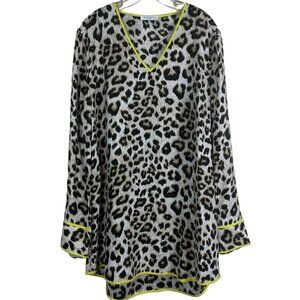 Equipment Dalton Leopard Print Tunic Women’s V-Neck Long Sleeve Yellow Trim Smal